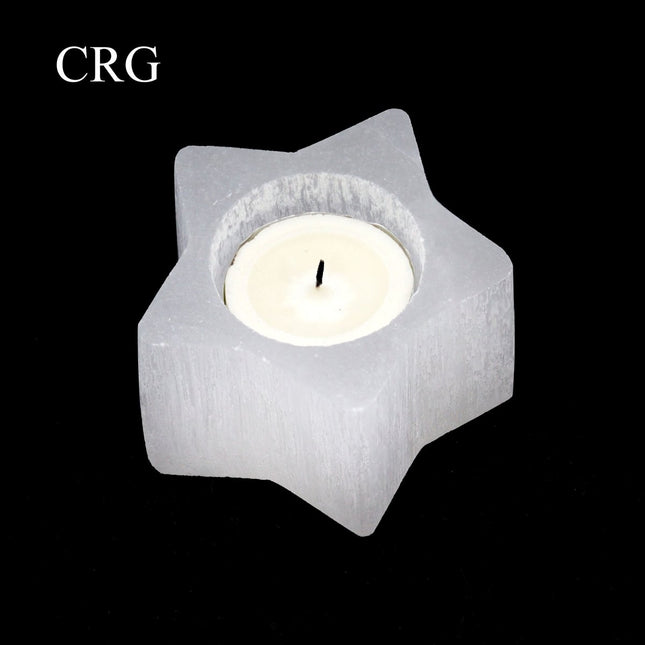 QTY 1 - Selenite 5-Point Star Candle Holder / 3" AVG - Crystal River Gems