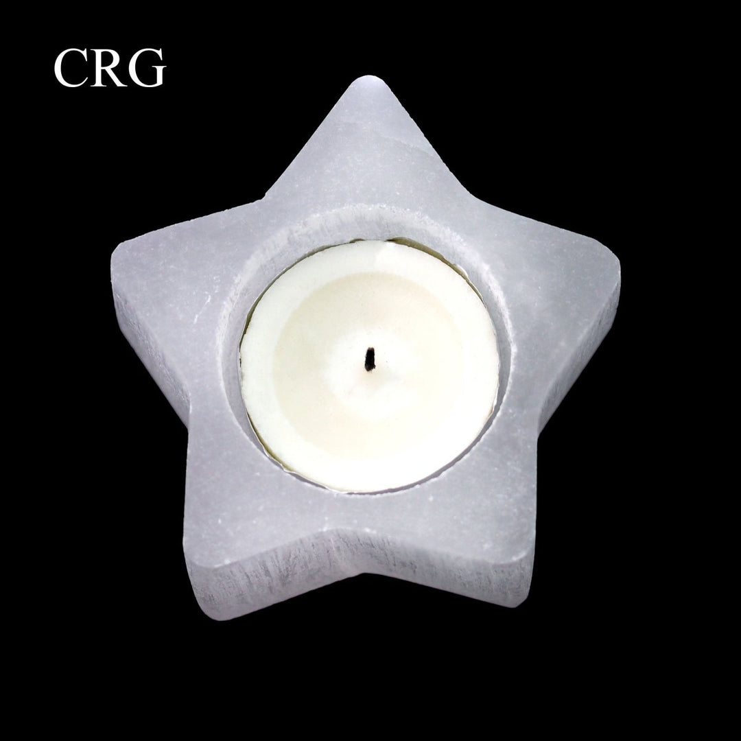 QTY 1 - Selenite 5-Point Star Candle Holder / 3" AVG