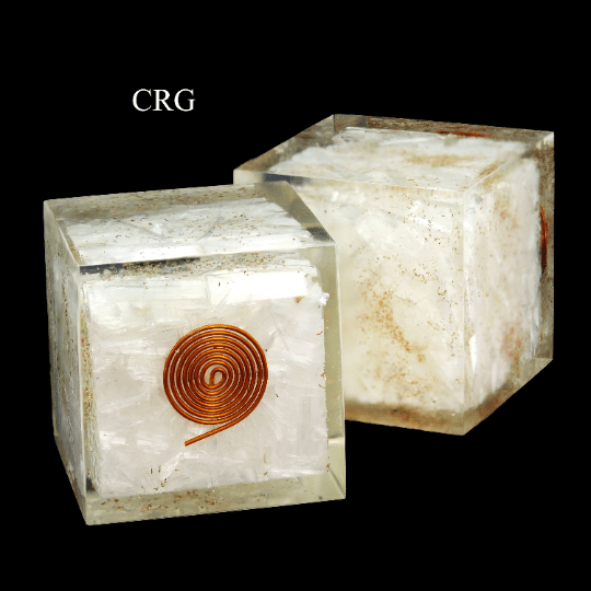 QTY 1 - Selenite Chip Orgonite Cube with Copper Wire / 2" AVG - Crystal River Gems