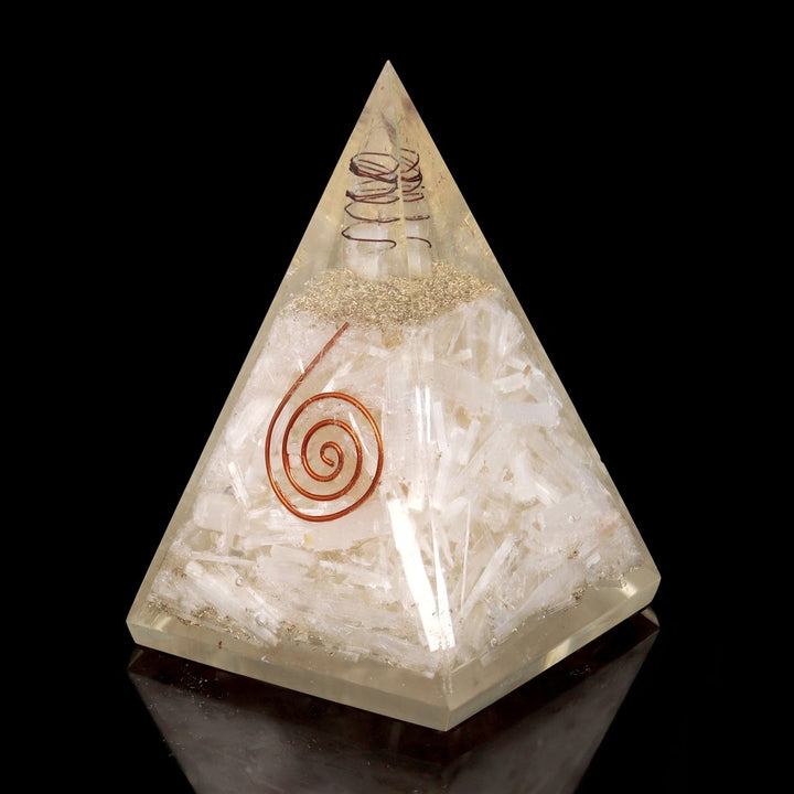 QTY 1 - Selenite Orgonite Pyramid with Copper / 5" AVGCrystal River Gems