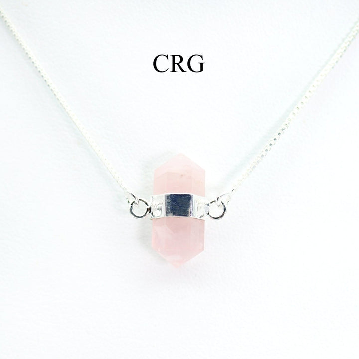 QTY 1 - Silver Plated Mini Bi-Terminated Rose Quartz Necklace