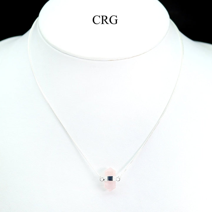QTY 1 - Silver Plated Mini Bi-Terminated Rose Quartz Necklace