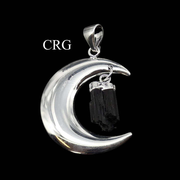 QTY 1 - Silver Plated Moon Pendant with Black Tourmaline / 4" Avg