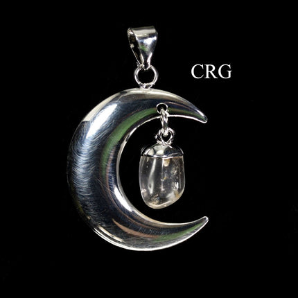QTY 1 - Silver Plated Moon Pendant with Tumbled Clear Quartz / 4" Avg - Crystal River Gems