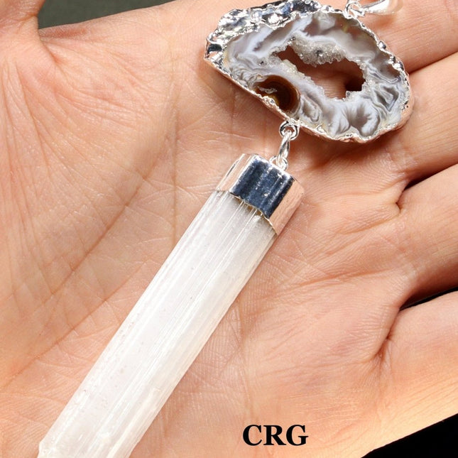 QTY 1 - Silver Plated Oco Geode Slice Pendant with Selenite Rod / 3.5" AVG - Crystal River Gems