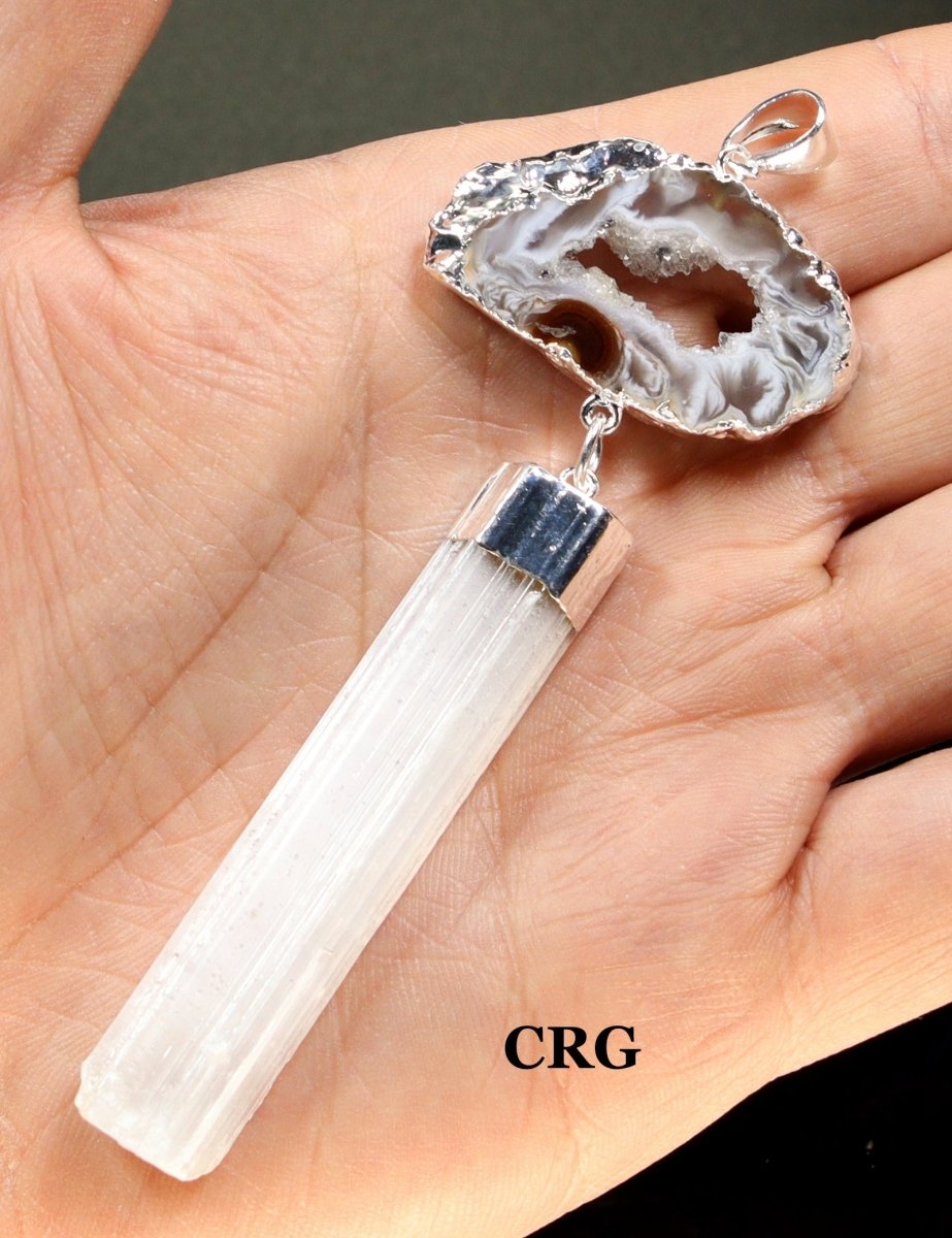 QTY 1 - Silver Plated Oco Geode Slice Pendant with Selenite Rod / 3.5" AVG
