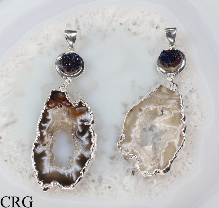 QTY 1 - Silver Plated Oco Geode Slice Pendant with Titanium Aura Amethyst Druzy / 2.75" AVGCrystal River Gems