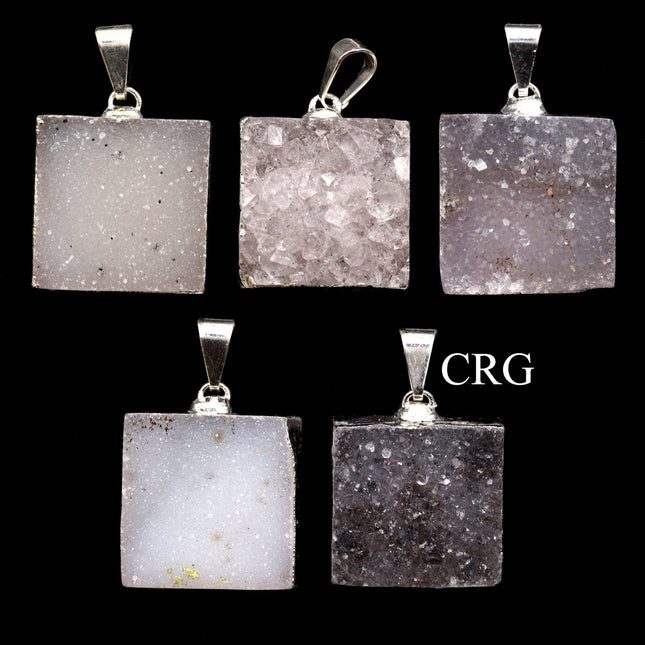 QTY 1 - Square Uruguayan Agate Druzy Pendant with Silver Plating / 20mm AVG - Crystal River Gems