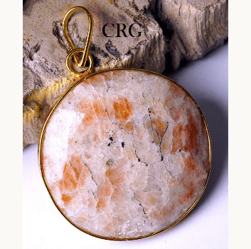 QTY 1 - Sunstone Faceted Large Round Pendant w/ Gold Plating / 1.5" Avg