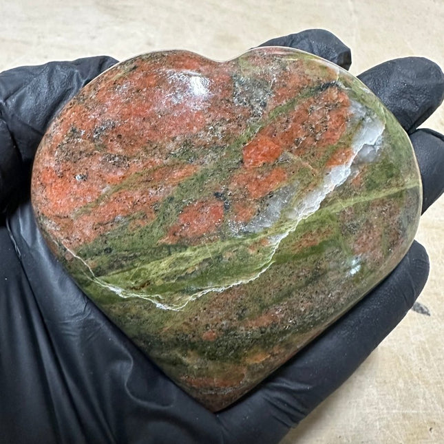 QTY 1 - Unakite Puffy Heart / XL Palm Size - Crystal River Gems
