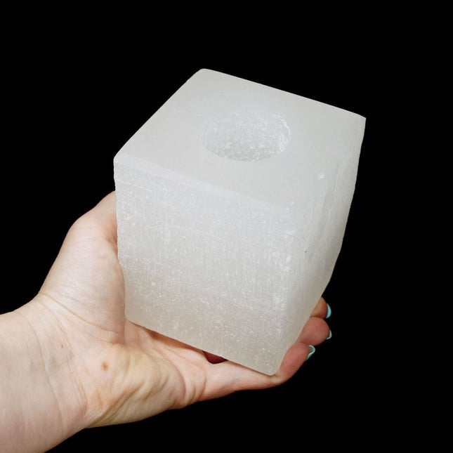 QTY 1 - White Selenite Cube Candle Holder / 3.5-4" AVG - Crystal River Gems