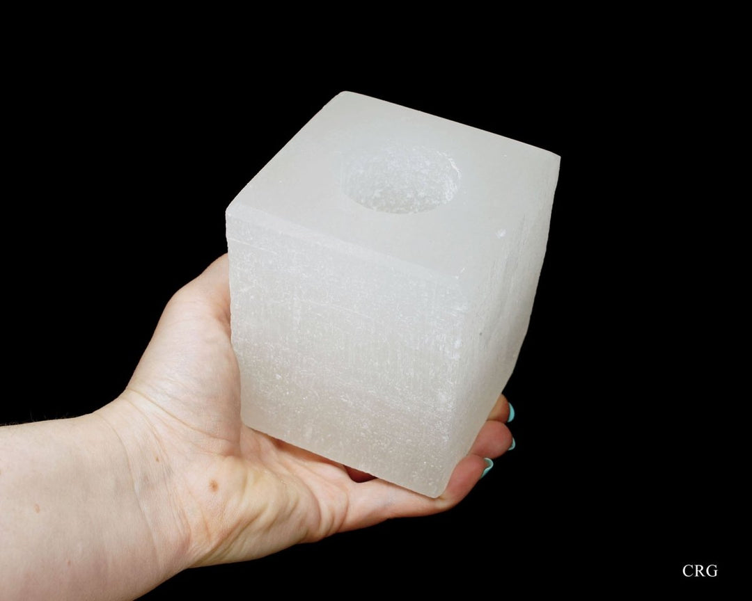 QTY 1 - White Selenite Cube Candle Holder / 3.5-4" AVG