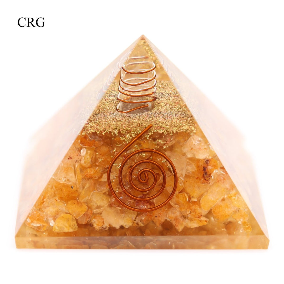 QTY 1 - Yellow Quartz and Aventurine Chip Orgonite Pyramid with Copper / 3" AVG