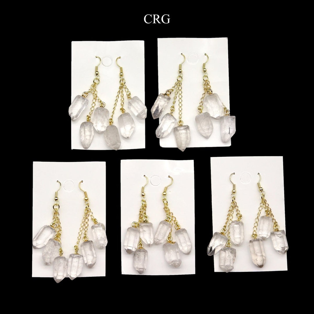Quartz 3-Point Dangle Earrings with Gold Ear Wire (2 Pieces) Size 1 to 2 Inches Crystal Jewelry