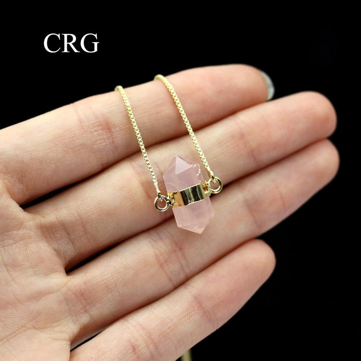 Rose Quartz Mini Bi-Terminated Pendant with Gold Plating Necklace (1 Piece) Size 0.25 to 0.5 Inches Crystal Jewelry