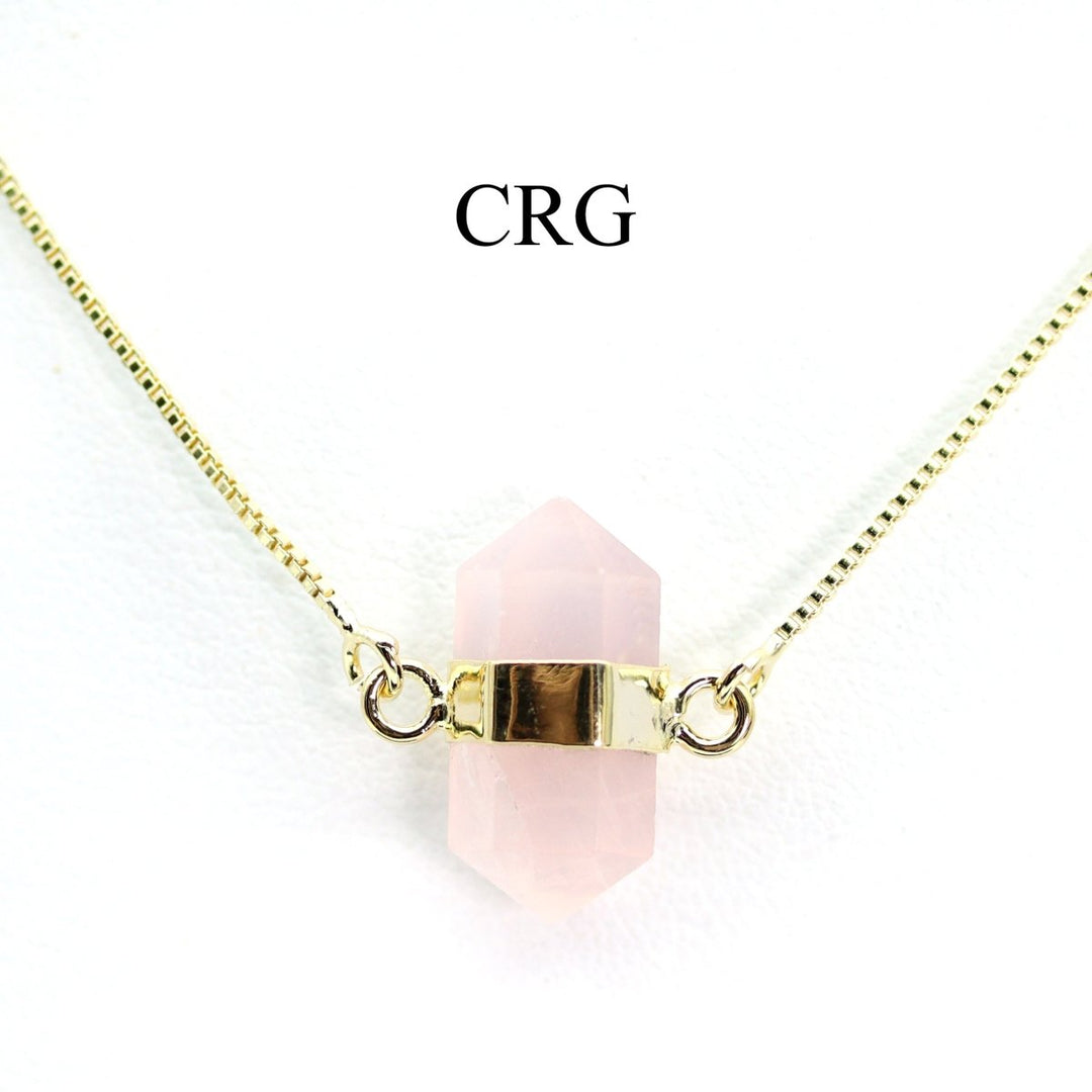 Rose Quartz Mini Bi-Terminated Pendant with Gold Plating Necklace (1 Piece) Size 0.25 to 0.5 Inches Crystal Jewelry