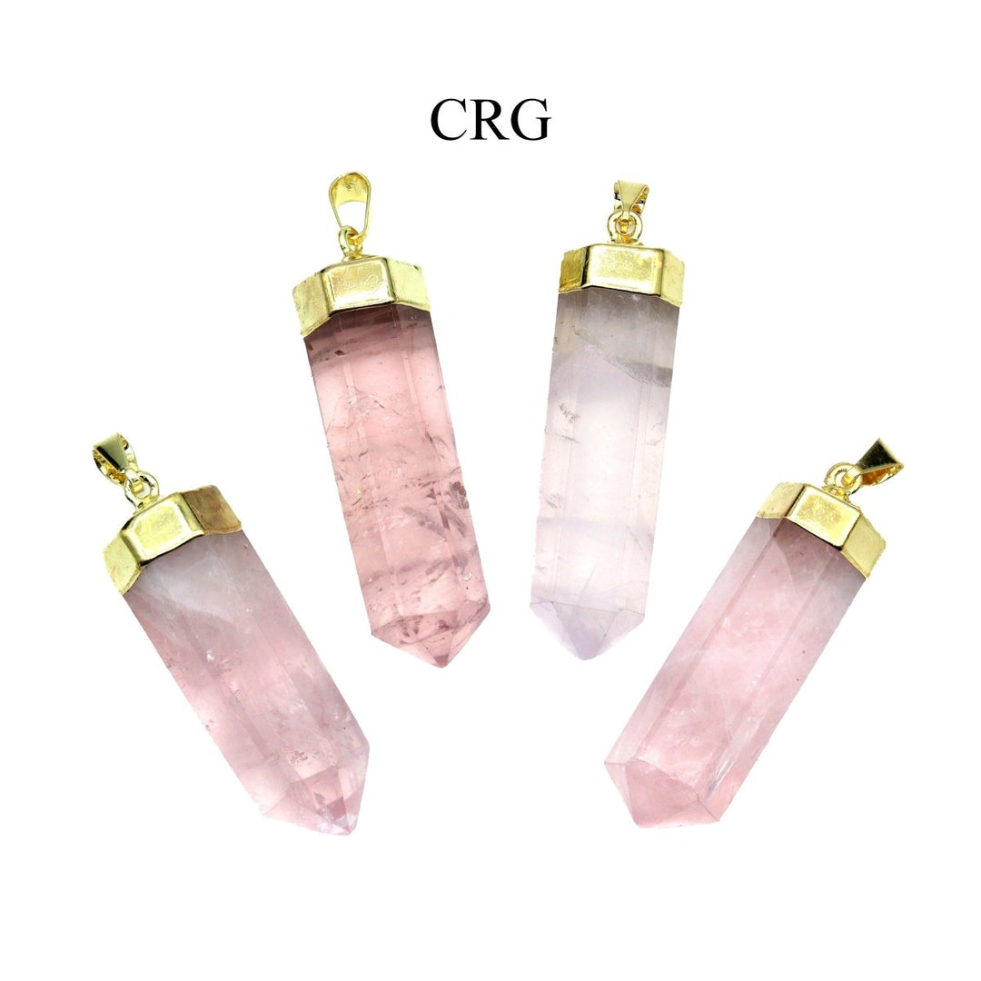 Rose Quartz Polished Point Pendant with Gold Plating (4 Pieces) Size 1 to 2 Inches 6-Sided Crystal Jewelry Charm
