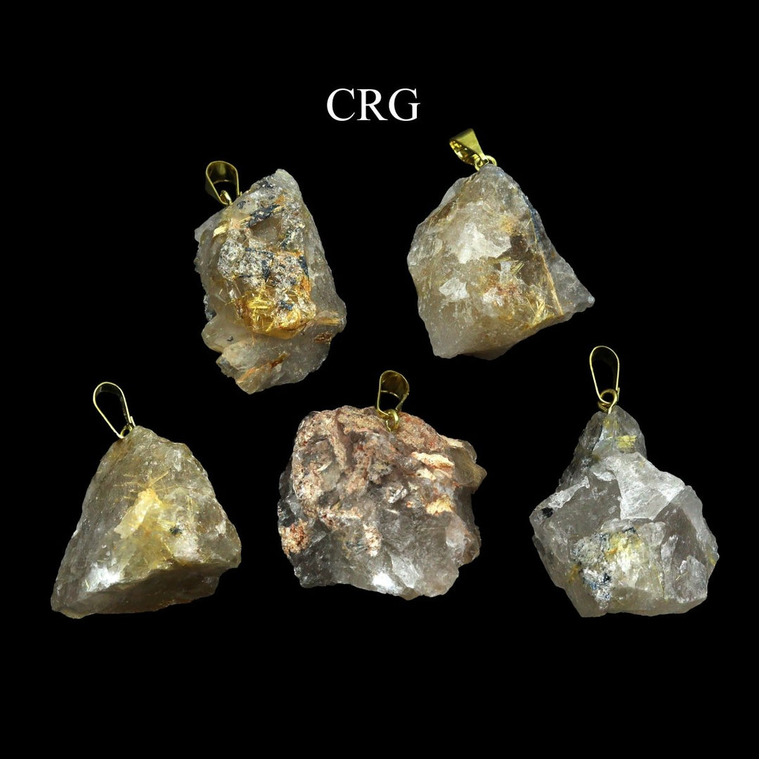 Rutilated Quartz Pendant with Gold Bail (10 Pieces) Size 1 to 2 Inches Rough Crystal Charm