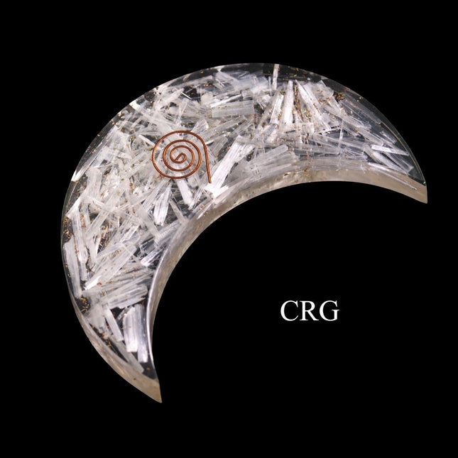 Selenite Orgonite Moon Large (5 in) Flat Gemstone Moon (1 pc) - Crystal River Gems