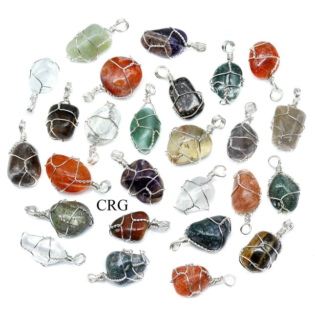 SET OF 10 - Tumbled Stone Pendants with Silver Wire Wrapping / 1-2" AVG - Crystal River Gems