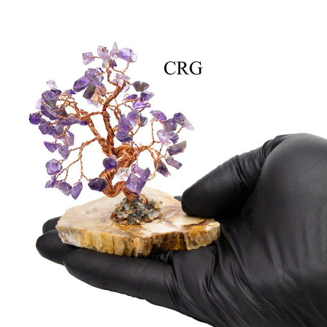 SET OF 2 - Amethyst Gemstone Chip Tree with Petrified Wood Base / 3-5" AVG - Crystal River Gems