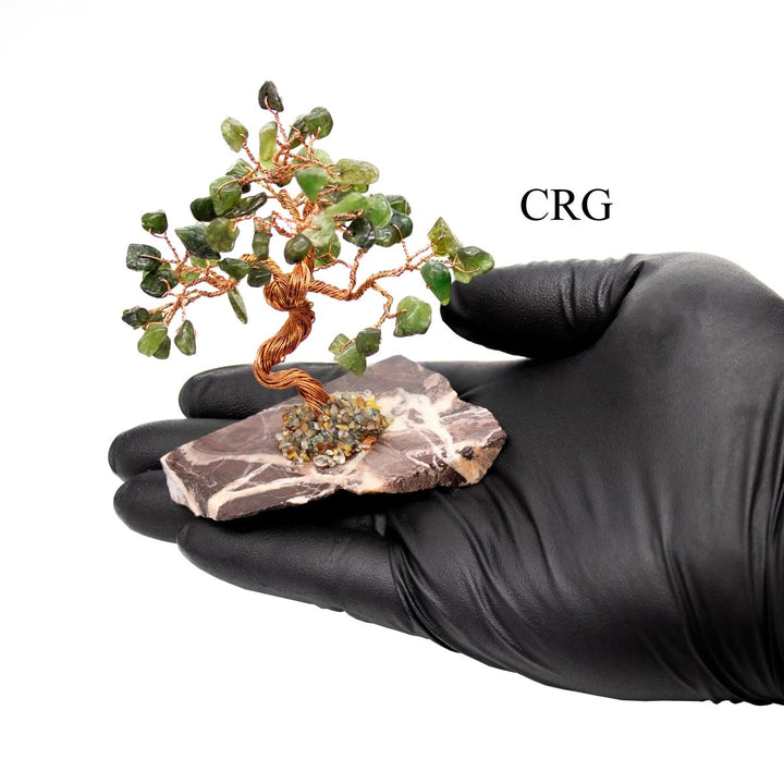 SET OF 2 - Dark Green Aventurine Gemstone Tree with Petrified Wood Base / 3-5" AVG