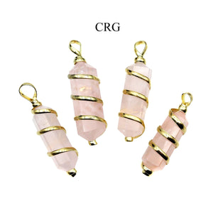 SET OF 2 - Double Terminated Rose Quartz Pendant with Gold Spiral / 1-2
