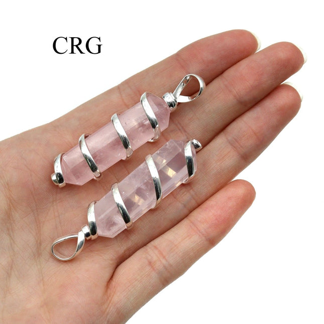 SET OF 2 - Double Terminated Rose Quartz Pendant with Silver Wire / 1-2" AVG - Crystal River Gems
