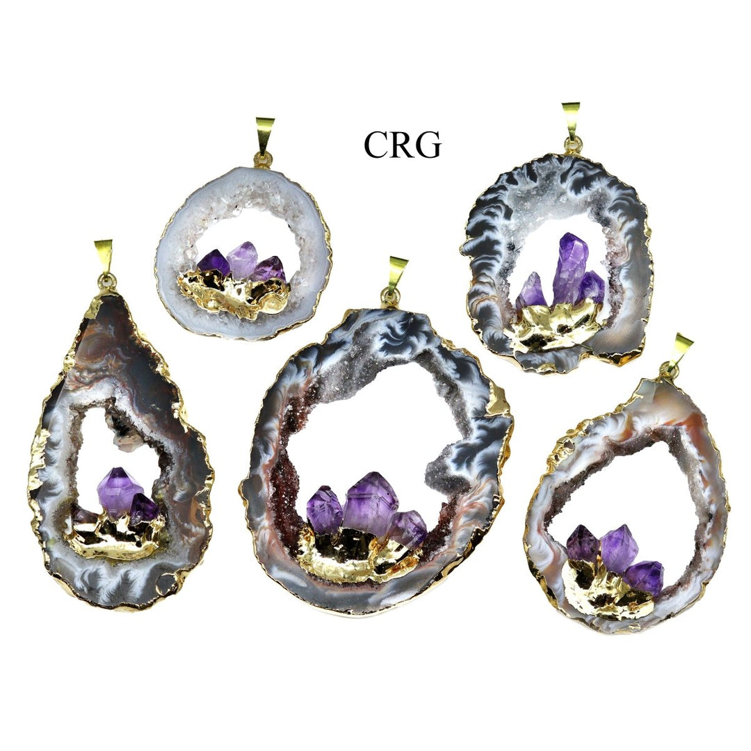 SET OF 2 - Oco Geode Slice Pendant with Amethyst Points and Gold Plating / 1 - 2" AVGCrystal River Gems