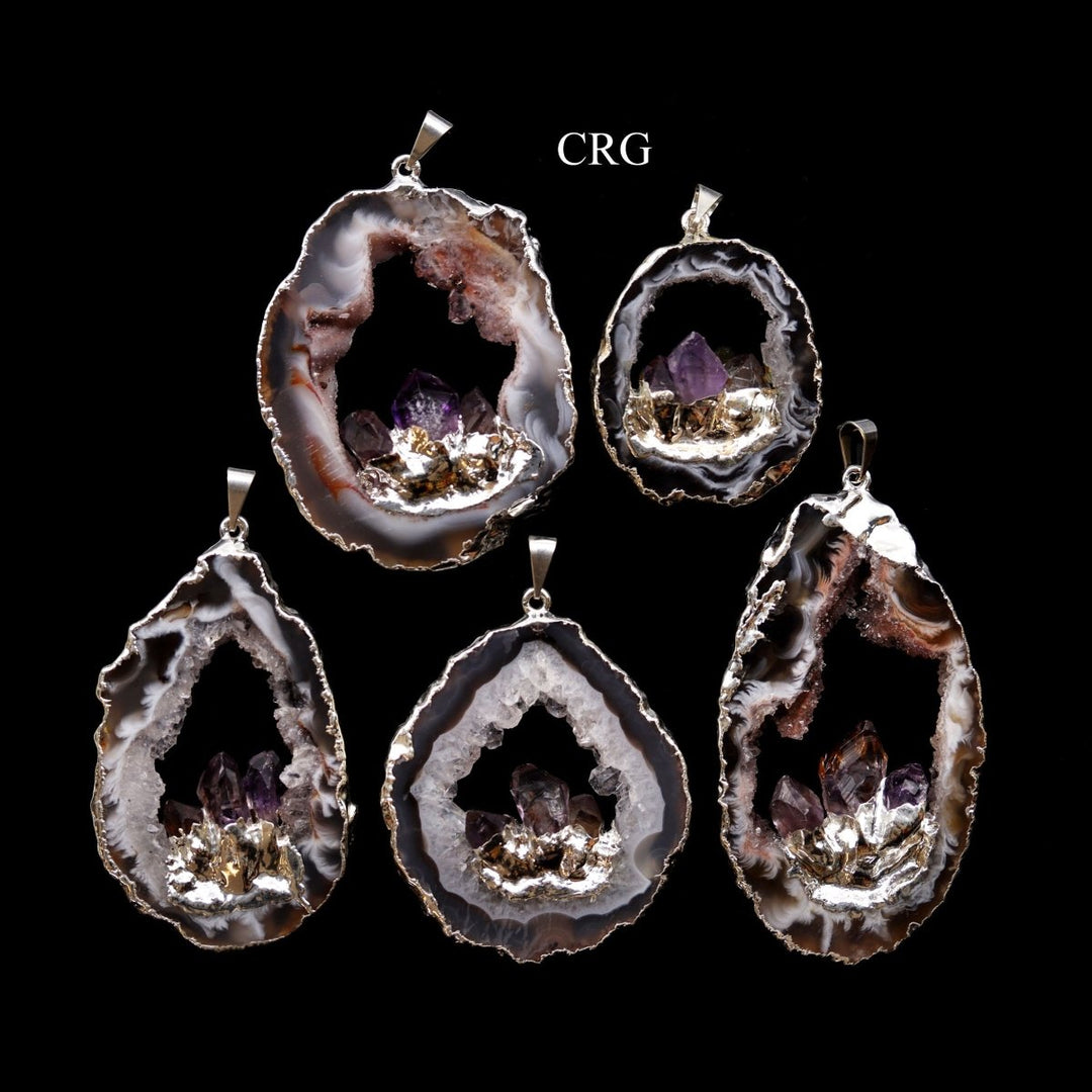 SET OF 2 - Oco Geode Slice Pendant with Amethyst Points and Silver Plating / 1-2" AVG