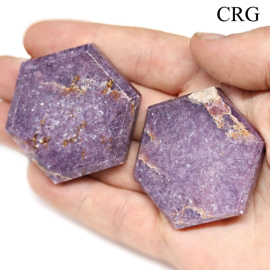 SET OF 3 - Flat Lepidolite Gemstone Hexagon Palm Stone / 2" AVG