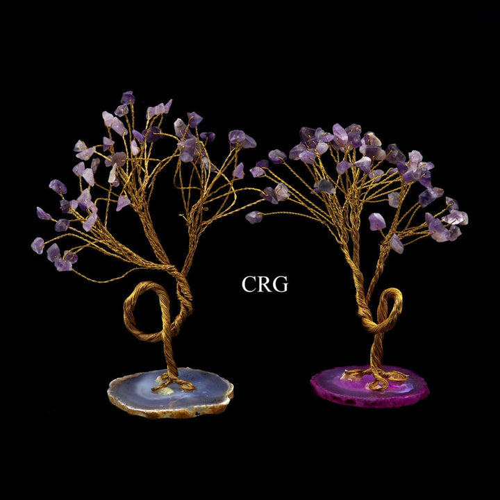 SET OF 4 - Amethyst Chip Tree with Agate Slice Base and Gold Wire / 7-8" AVG