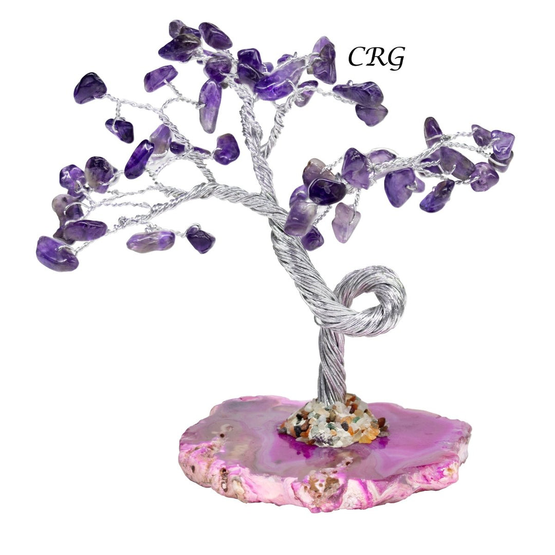 SET OF 4 - Amethyst Chip Tree with Agate Slice Base and Silver Wire / 7-8" AVG