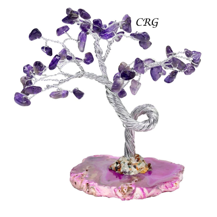 SET OF 4 - Amethyst Chip Tree with Agate Slice Base and Silver Wire / 7-8" AVG