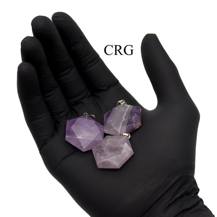 SET OF 4 - Amethyst Faceted Hexagon Pendant with Silver Bail / 1" AVG - Crystal River Gems