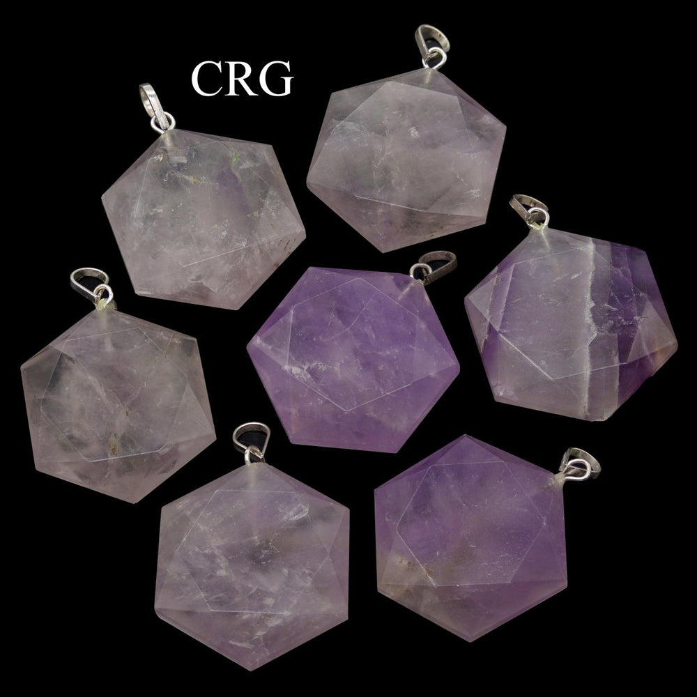 SET OF 4 - Amethyst Faceted Hexagon Pendant with Silver Bail / 1" AVG