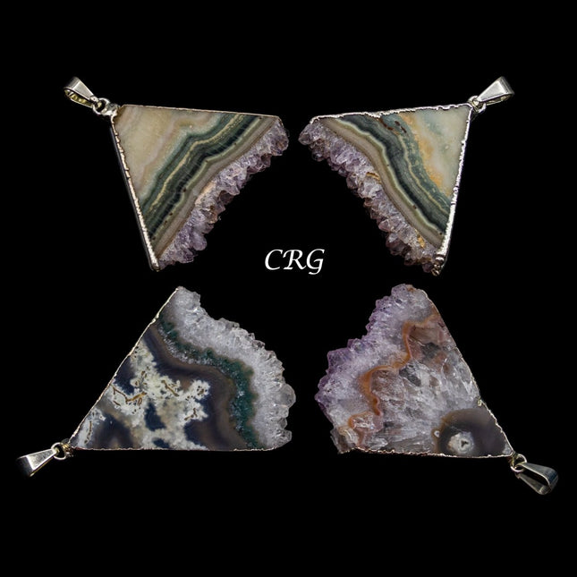 SET OF 4 - Amethyst Triangle Slice Pendant w/ Silver Plating / 40-50mm AVG - Crystal River Gems