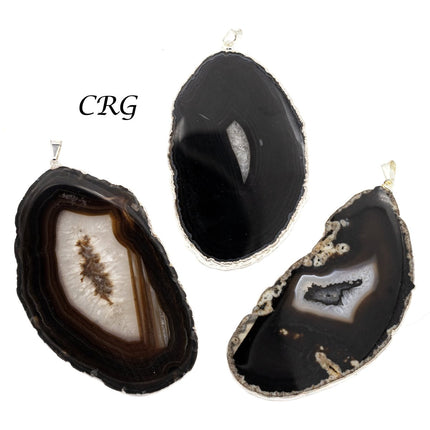 SET OF 4 - Black Agate Slice Pendant with Silver Plating / Size #2