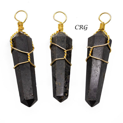 SET OF 4- Black Tourmaline Gold Wire Wrapped Double Term. Point Pendant / 1" Avg