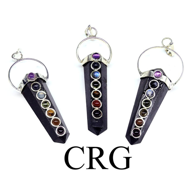 SET OF 4 - Black Tourmaline Pencil Point Pendant with 7 Stone Overlay / 1.5" AVG - Crystal River Gems