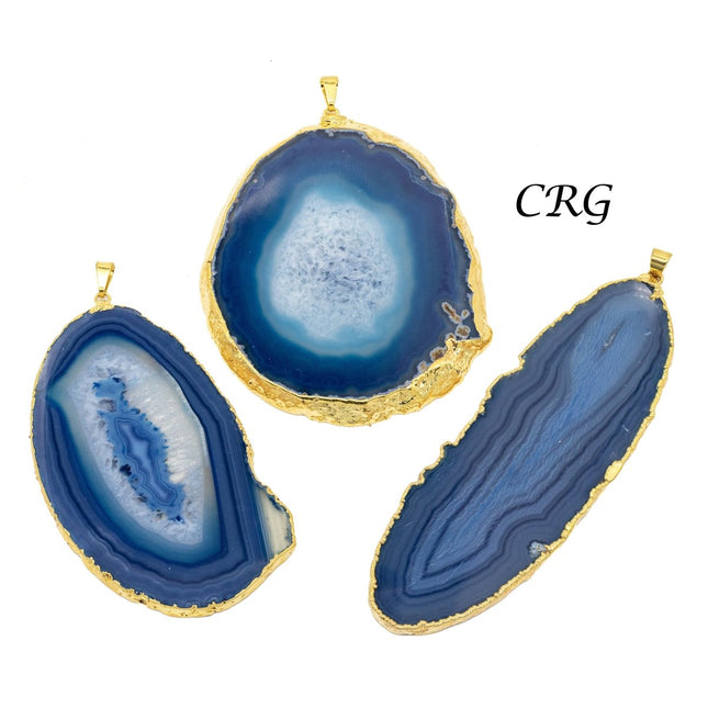 SET OF 4 - Blue Agate Slice Pendant with Gold Plating / Size #2