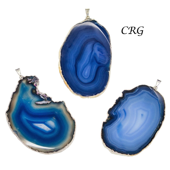 SET OF 4 - Blue Agate Slice Pendant with Silver Plating / Size #2