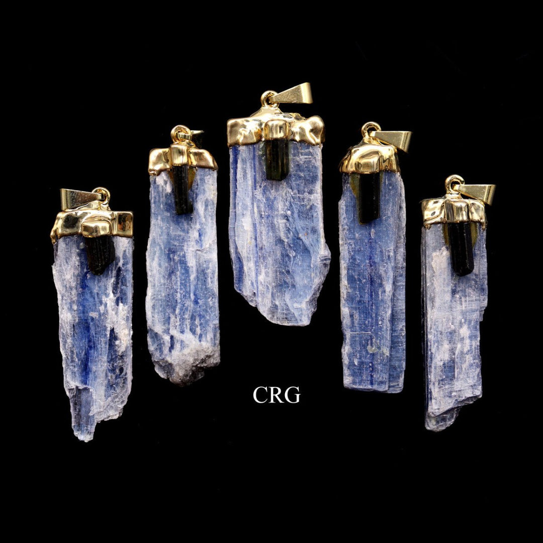 SET OF 4 - Blue Kyanite Blade Pendant with Black Tourmaline and Gold Plating / 1-2" AVG