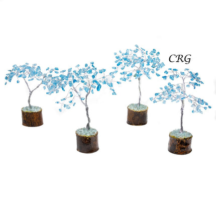 SET OF 4 - Blue Topaz Inspired / 100 Chip Tree w/ Wood Base / Silver Wire