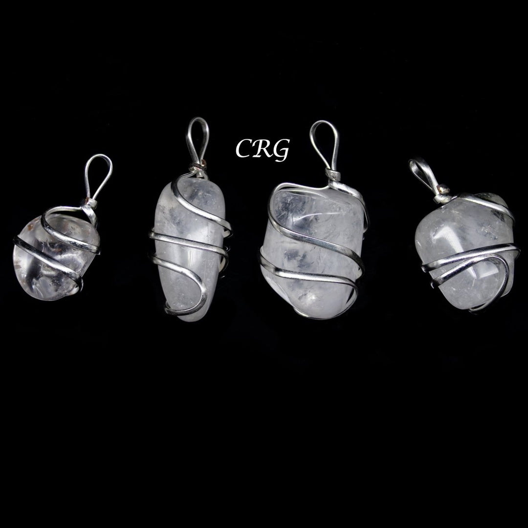 SET OF 4 - Clear Quartz Tumble Pendant w/ Silver Wire Wrapping