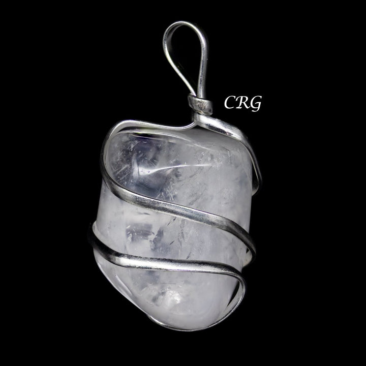 SET OF 4 - Clear Quartz Tumble Pendant w/ Silver Wire Wrapping