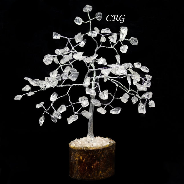 SET OF 4 -Crystal Quartz - 100 Gemstone Chip Tree w/ Wood Base - Silver Wire - Crystal River Gems