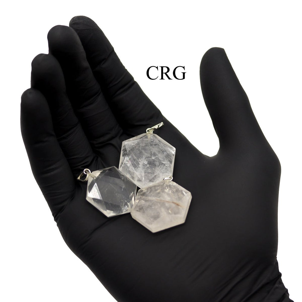 SET OF 4 - Crystal Quartz Faceted Hexagon Pendant with Silver Bail / 1" AVG