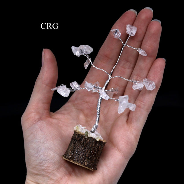 SET OF 4 - Crystal Quartz Gemstone Chip Tree on Wood Base / 3-4" AVG - Crystal River Gems