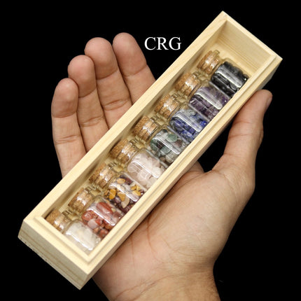 SET OF 4 - Gemstone Chip Bottle Set in Wood Box / 1" AVG